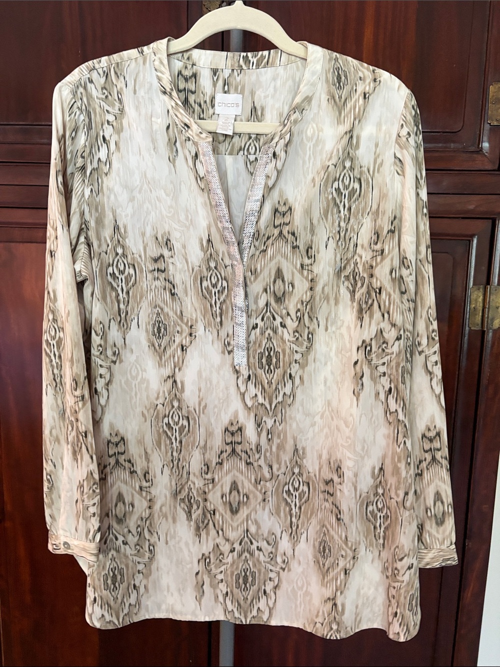 Chico's Neutral Ikat-Print Long Sleeve Tunic size 2